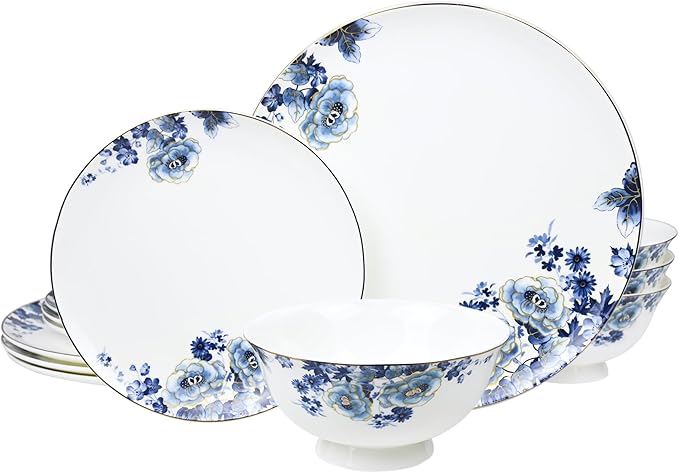 Fine Bone China Dinnerware Set for 4 12-Piece Blue and White Porcelain Dinnerware Set (Blue)