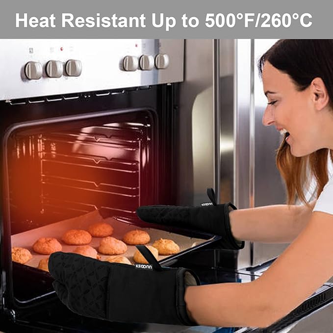 KEGOUU Oven Mitts and Pot Holders 6pcs Set Kitchen Oven Glove High Heat Resistant 500 Degree Extra Long Oven Mitts and Potholder with Non-Slip Silicone Surface for Cooking (Black)
