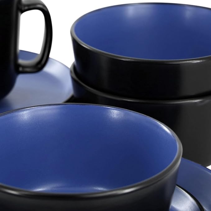 16 Piece Stoneware Dinnerware Set – Two-Tone Plates Bowls &amp Mugs for 4 Modern Matte Finish Microwave &amp Dishwasher Safe (Black/Blue)