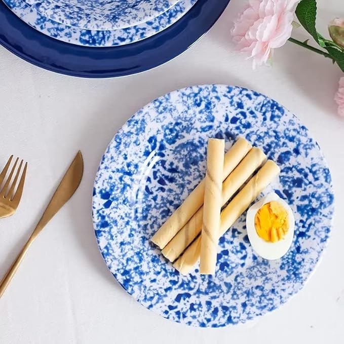 Melamine Dinnerware Set 12 Piece Service for 4 Blue and White Porcelain Tableware Dishes for Indoor and Outdoor Use Unbreakable Plates and Bowls Sets Dishwasher Safe BPA Free