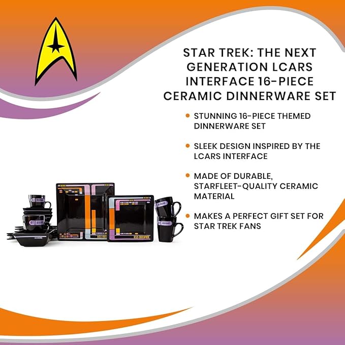 Star Trek: The Next Generation LCARS Interface 16-Piece Ceramic Dinnerware Set | Collectible Kitchen Dish Set | Includes Dinner Plates Salad Plates Bowls Mugs | Place Setting For 4