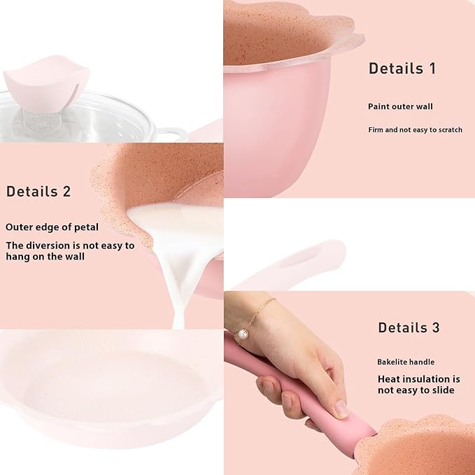 Nonstick Pots and Pans Set Multi-layer Nonstick Coating Matching Lids With Gold HandlesKitchen Soup Non-Stick Frying Pan Set Pot Milk Pan with Handle Lid Pot Cookware Set Cooking Utensils Pink