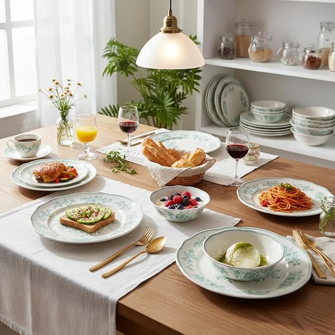 12-Piece Green Floral Stoneware Dinnerware Set Fresh Vintage Design Microwave &amp Dishwasher Safe 4-Person Complete Set Ideal for Family Meals &amp Entertaining