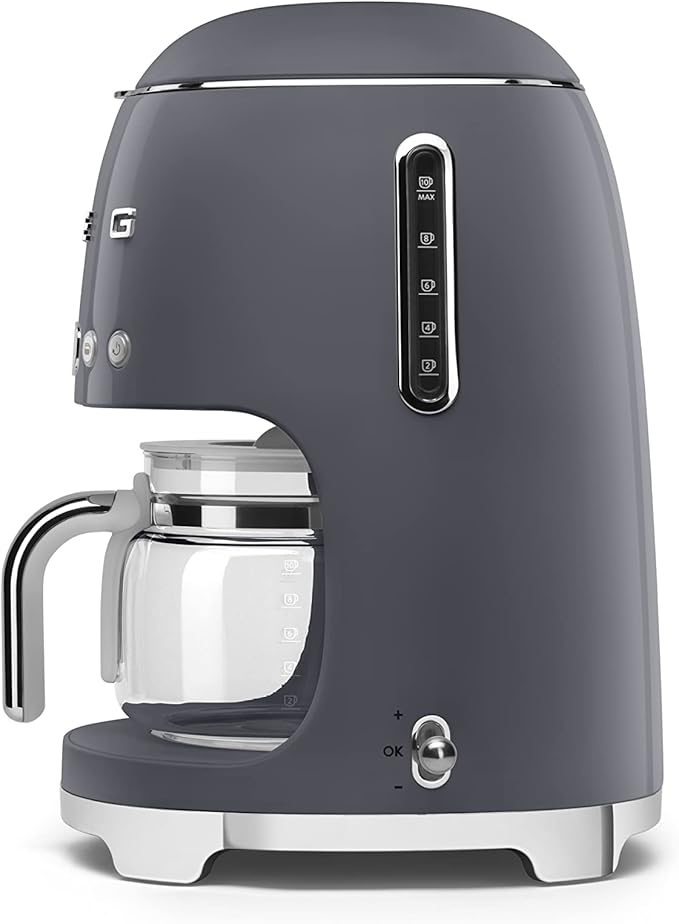 Smeg DCF02GRUK Drip Coffee Machine Auto-Start Mode Reuseable Filter Digital Display Anti-Drip System Aroma Intensity Option 1.4 Litre Tank Slate Grey