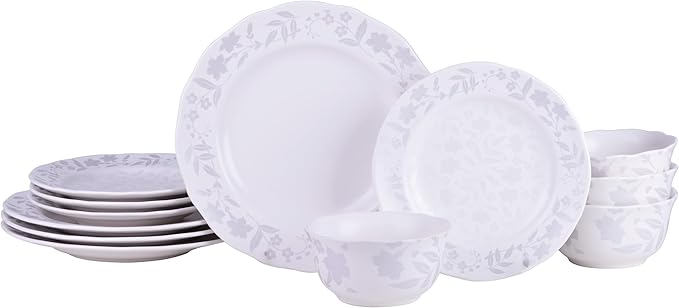222 Fifth 12-Piece Porcelain Dinnerware Set for 4 Glossy White Plates and Bowls Sets with Silver Flower Pattern Luxury Ceramic Dish Set Elegant Kitchen Dishes for Everyday Dining Refreshed Floral