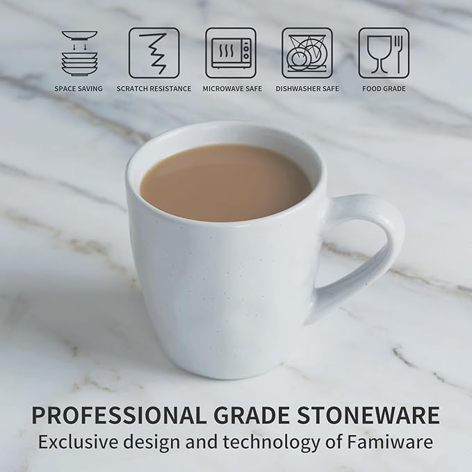 Famiware Mars Plates and Bowls Set for 4 4-Piece 14 oz Coffee Mug 16-Piece Stoneware Dinnerware Sets Light Gray