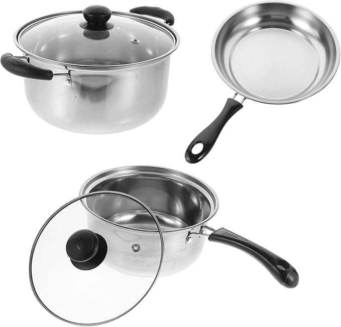 Unomor 1Set Stainless Steel Cookware Set Soup Pot Noodles Pot Frying Pan with Handle Versatile Kitchen Cooking Home Hotel and Restaurant Use