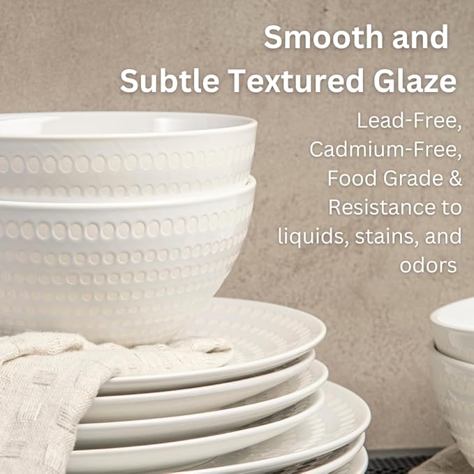 BZYOO Ceramic Dinnerware Set Serive for 4 (12 Pieces) Stoneware Plates and Bowls for Dining Pearl White Dishes Set With DOTDOT Design Microwave Safe (12 PCS Dishes and Bow set Bijou Collection)