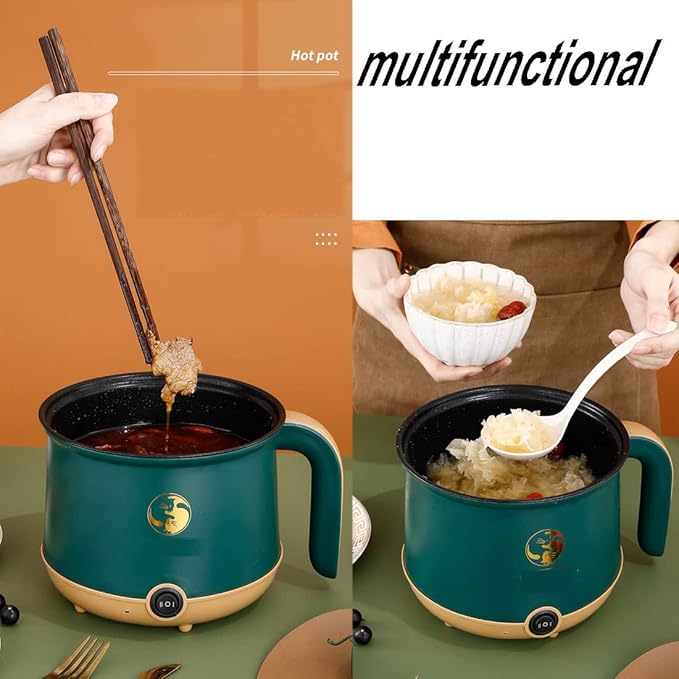 Electric Hot Pot Electric Sauté Pan 600W Food Grade Stainless Steel Cooker with Power Adjustment 1.8L for Rice Shabu Noodles Soup Ramen Steaming Basket (White)