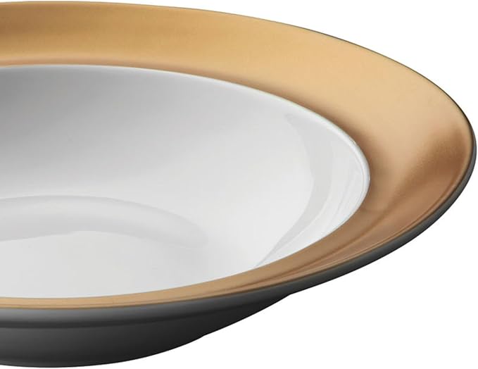 BergHOFF GEM Porcelain Set of 6pc Dinnerware Deep Plate Large &amp Small Plate Coffee Mug Tea Cup Saucer White &amp Gold Daily Serving Elegant Glossy Finish Dishwasher Safe