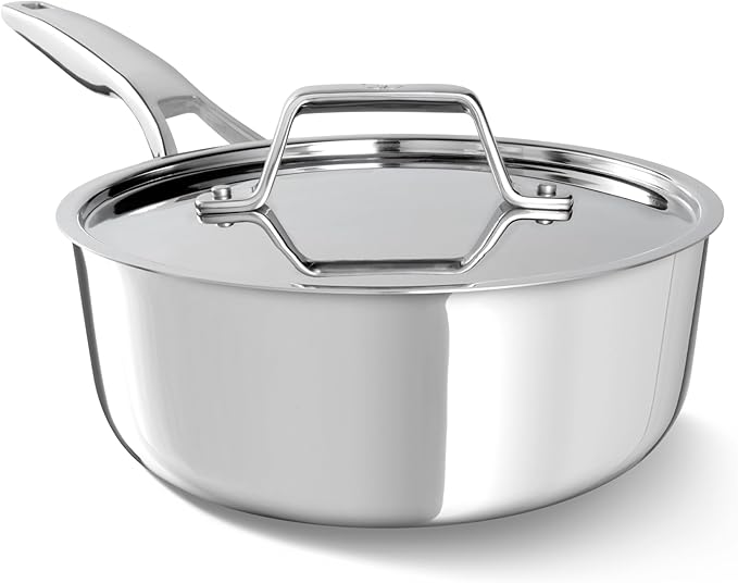 Calphalon Premier Polished 5-Ply Stainless Steel Cookware w/Turbo Heat Tech 2.5Qt Chef's Pan with Lid Induction Oven Safe 500F PFOA Free Polished Stainless Silver