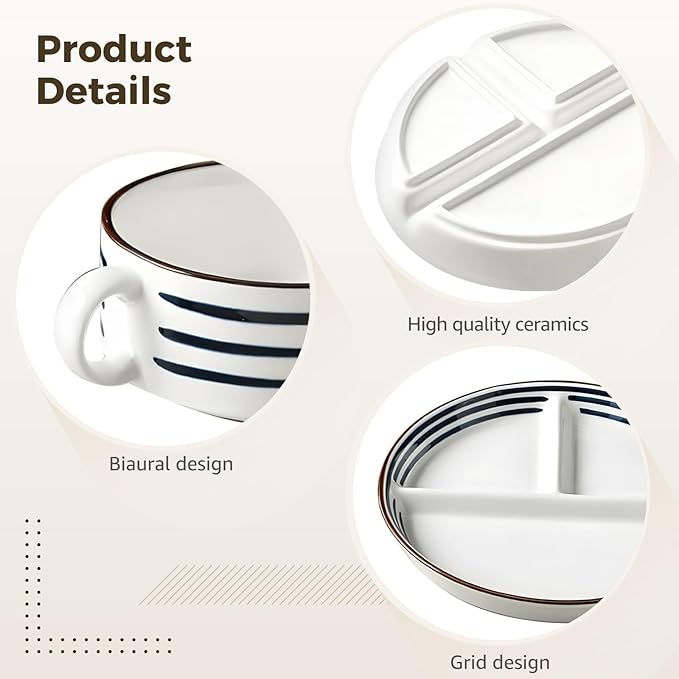 3 Pcs Japanese Style Ceramic Dinnerware Set Divided Plate Heart Bowl Handled Cup for Youngsters &amp Adults
