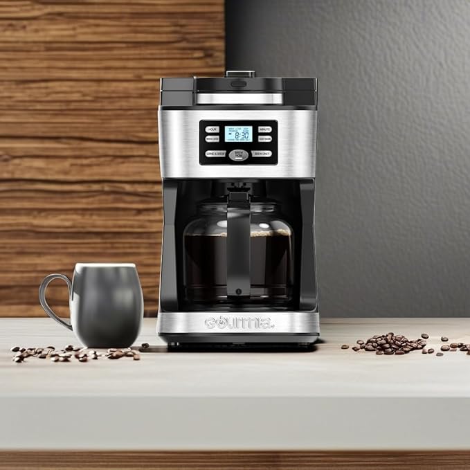 Gourmia Digital Coffee Machine 12Cup FullyAutomatic Large coffee maker integrated CoffeeGrinderPotstainless steel mesh coffee filter 4Hr KeepWarm and Freshness Indicator GCM3180Black and Silver
