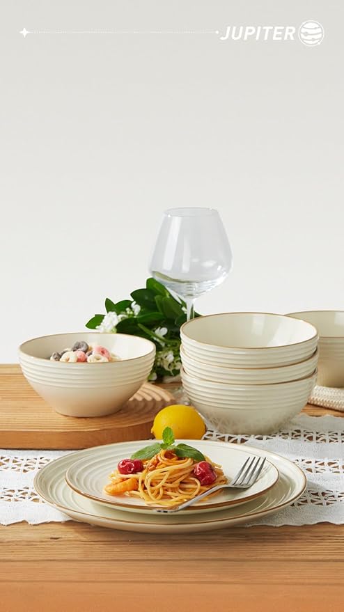 Famiware Jupiter 12-Piece Dinnerware Sets 4-Piece Pasta Bowls 4-Piece 14 oz Mug Set 20-Piece Stoneware Dinnerware Sets Vanilla White