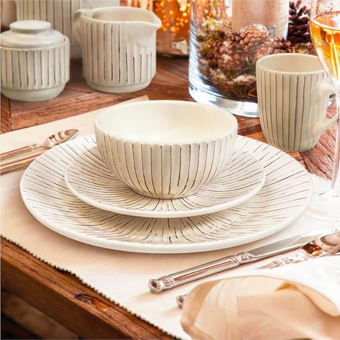 Artesa Organics Shell Ceramic Dinnerware Set White Matte Hand-Painted 4-Piece Place Setting with Dinner Plate Salad Plate Bowl Mug Microwave Safe