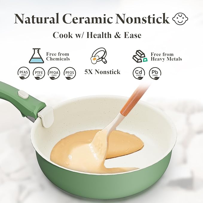 Ceramic Nonstick Cookware Set HealthyNon Toxic17-Pieces Pots and Pans Set Removable HandlesInduction RV Kitchen SetStain &amp Scratch-resistantDishwasher/Oven SafePFAS/PFOA FreeGreen