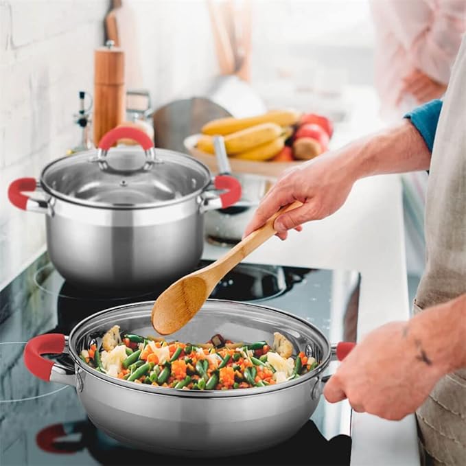 Cookware 8 Pieces Sets of Pans and Pots for Induction Vitroceramic and Gas. Glass Lids. Stainless Steel.