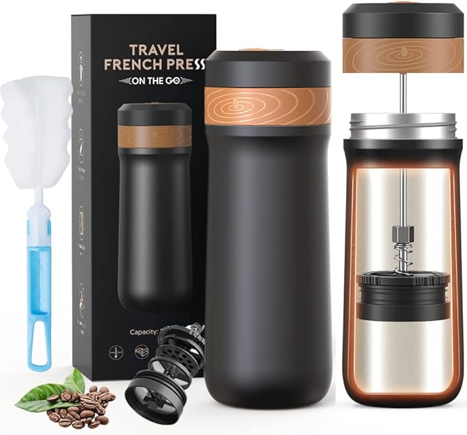 Sesama Classic Portable French Press Coffee Mug 12 oz with Carry Loop Stainless Steel French Press Coffee Maker BPA Free Great for Camping and Travel