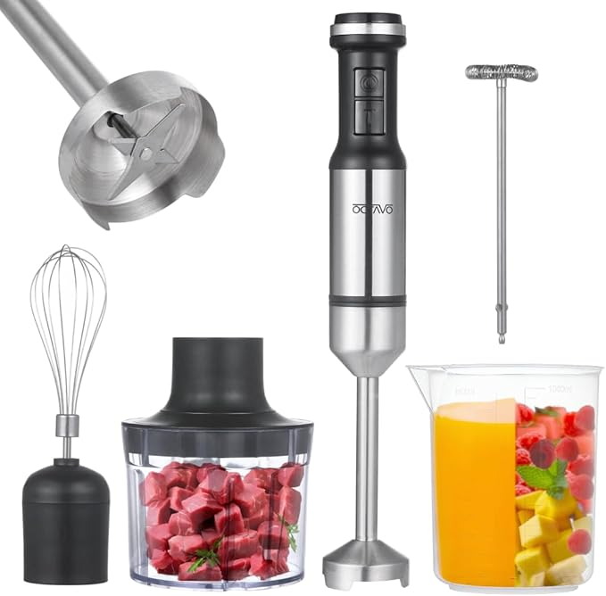 Octave Immersion Blender Handheld Corded Hand Blenders Set 800W Stepless Variable Speed 5 in 1 Stick Emulsifier with Chopper Whisk and Frother for Soup Smoothies