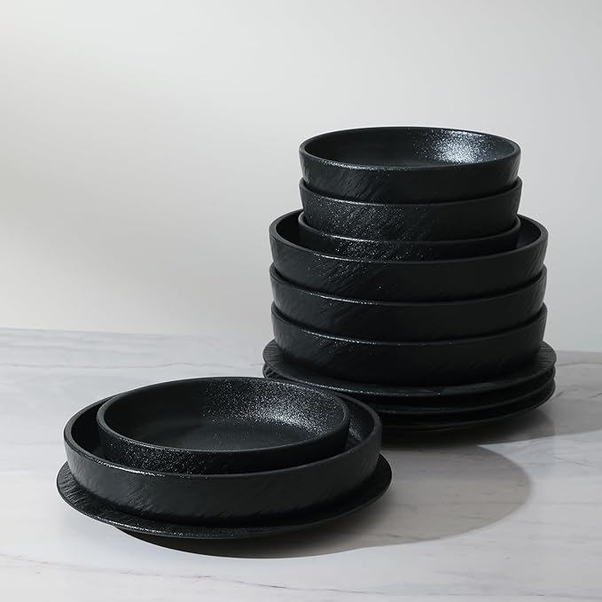 Stone Lain Senso 12-Piece Dinnerware Set New Bone China Plates and Bowls Sets Dish set for 4 Dinner and Salad Plates Black