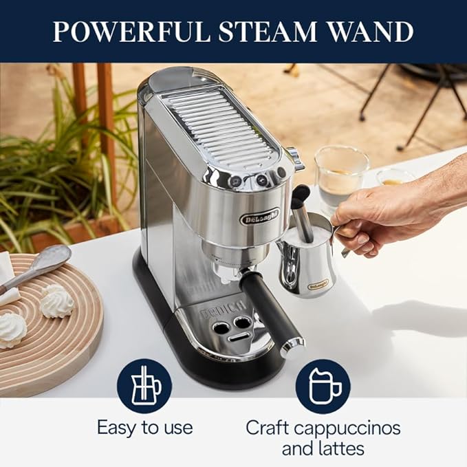 De’Longhi Dedica Espresso Machine with Manual Milk Frother 15-Bar Pump &amp Adjustable Tray - Home Barista Coffee Maker for Espresso Latte Cappuccino &amp Iced Coffee - Italian Stainless Steel De