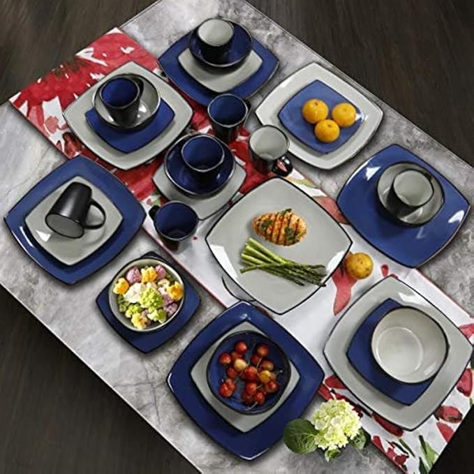 16 Piece Square Two-Tone Stoneware Dinnerware Set For 4 | Reactive Glaze FinishDishwasher &amp Microwave Safe Expertly Crafted | Perfect for Kitchen Dining Sapphire Blue/Black Shade Modern Appearan