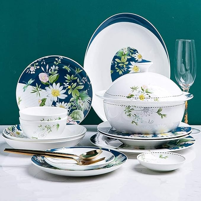 Ceramics Dinner Sets 46 Pieces Ceramics Dinner SetsBowl/Dish/Soup Pot/Spoon|Dinnerware Set Simple l Pattern Combination Tableware Set-Compatible with Gift Giving Banquet