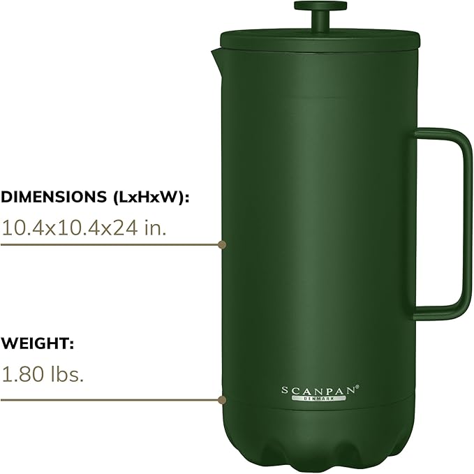 Scanpan TO GO French Press Coffee Maker 1.0L (Forest Green) + 4 Vacuum Cups 250 mL (Forest Green) - 18/8 Food Grade Stainless Steel - Scratch-Free Coating - Dishwasher Safe