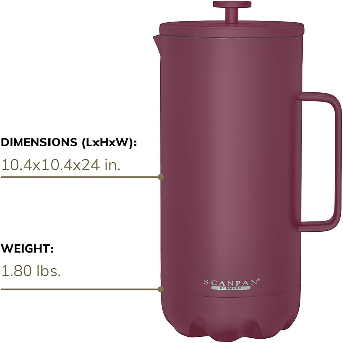 Scanpan TO GO French Press Coffee Maker 1.0L (Persian Red) + 4 Vacuum Cups 250 mL (Persian Red) - 18/8 Food Grade Stainless Steel - Scratch-Free Coating - Dishwasher Safe