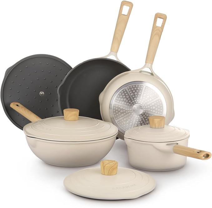 8Pcs Pots and Pans set Nonstick Cookware set Die-cast Aluminum cookware Kitchen Induction Pots and Pans cooking set Lid design PFOA-free Cream (ivory 8Pcs)