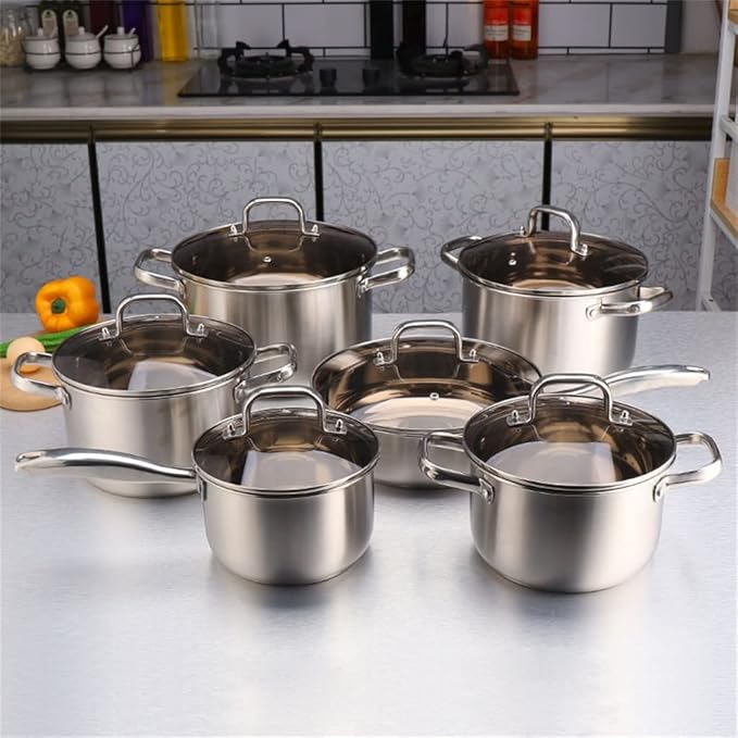 JSEIAJB 304 Stainless Steel Cookware Set 12 Piece Cookware Set Pots And Pans With Glass Lid Kitchen Cookware