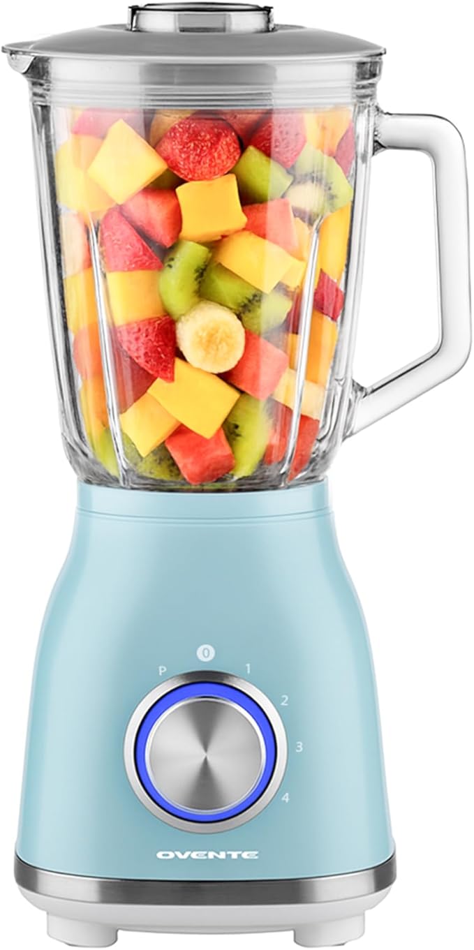 OVENTE Countertop Blender for Shakes and Smoothies with 550W Motor 50 Oz Glass Jar and Adjustable 4 Speed Settings Ideal for Frozen Fruit Drinks Puree Ice Crush Sauces and More Blue BLH2604LBL