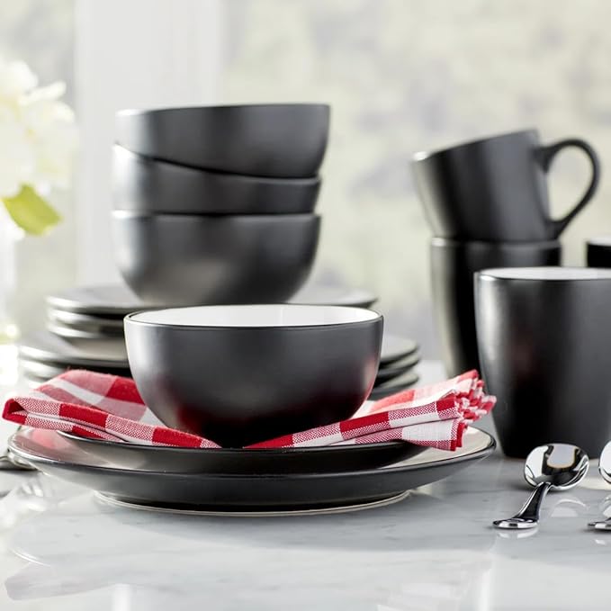 Stoneware 16-Piece Dinnerware Set Round 4 dinner plates10.5'' 4 salad plates7.5'' 4 bowls18oz and 4 mugs14oz Microwave Dishwasher and Oven Safe Two-Tone Matte Finish Black/White