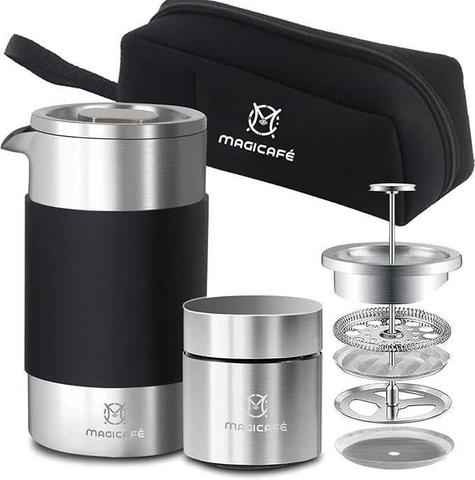 French Press Coffee Maker Set Portable French Press with Mini Coffee Canister and Collection Bag Single Serve 1 Cup Small Stainless Steel Double Walled Coffee Press 350ml/12oz