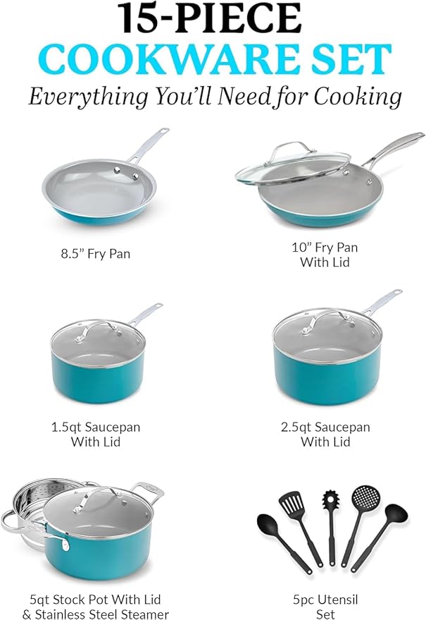 GOTHAM STEEL 15 Pc Ceramic Cookware Set Ceramic Pots and Pans Set Non Stick with Cooking Utensils and Steamer Non Toxic PFOA PFOS Free Premium Stay Cool Handles Oven &amp Dishwasher Safe Blue
