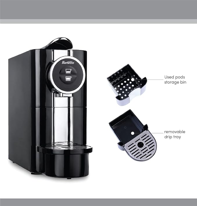 Barsetto One-Touch Espresso Maker with 19 Bar High-Pressure Pump Fast Pre-Heating Short or Long Shots Compatible with Standard Espresso Coffee Pods Black and Silver Automatic Coffee Machine