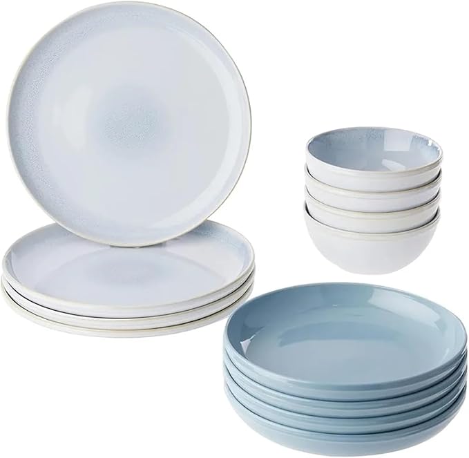 Stoneware 12-Pc Dinnerware Set Handcrafted Artisanal Bead Plates and Bowls Solid and Reactive Glazes