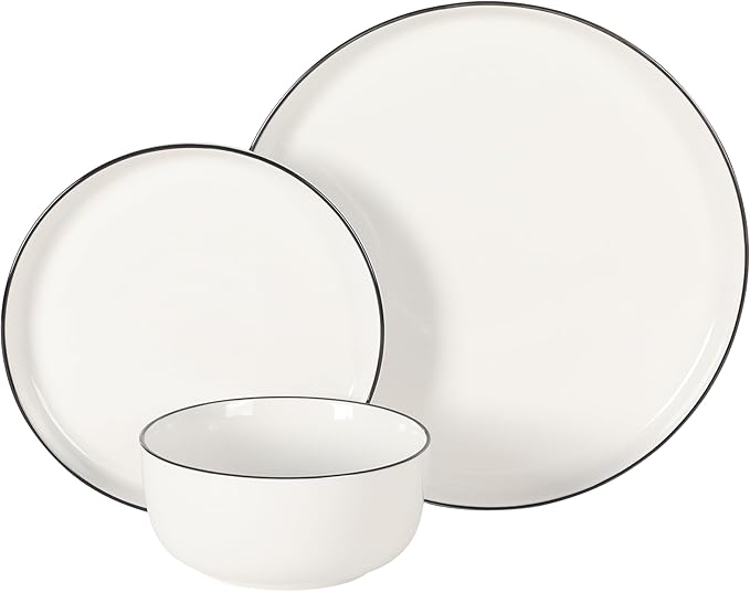Gibson Home Oslo 12-Piece Porcelain Dinnerware Set – Dinner Plates Salad Plates &amp Bowls Classic White With Black Rim Everyday Dish Set for Home Kitchen Microwave &amp Dishwasher Safe