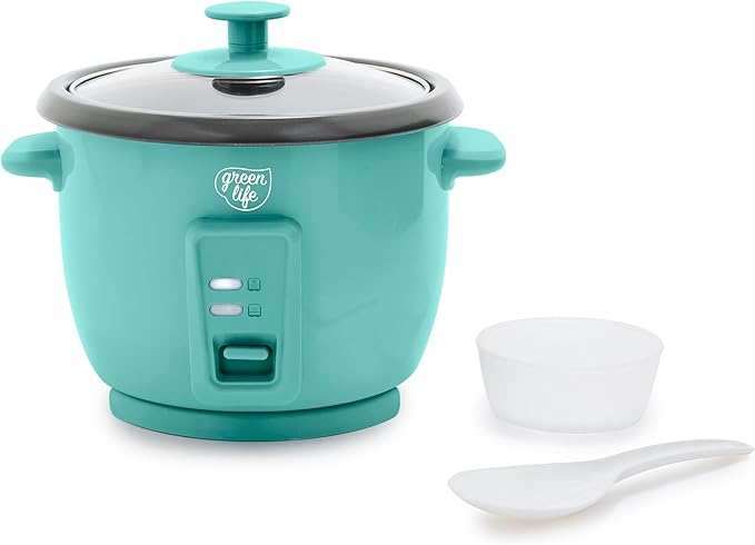 GreenLife Rice Cooker with Removable PFAS-Free Ceramic Nonstick Pot 3-Cups Uncooked/6-Cups Cooked Grains &amp Oatmeal Multicooker Compact One-Switch Design Auto Keep Warm Easy Clean Turquoise