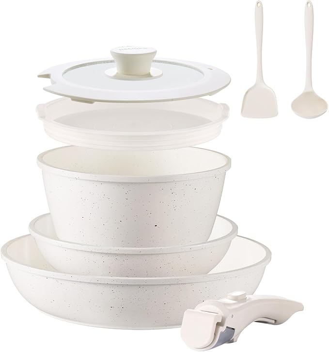 8pcs Ceramic Pots and Pans Set Non Stick Cookware Set Detachable Handle Cookware Induction Kitchen Cooking Set with Removable HandleOven Safe Induction Fast Stackable Cookware Set