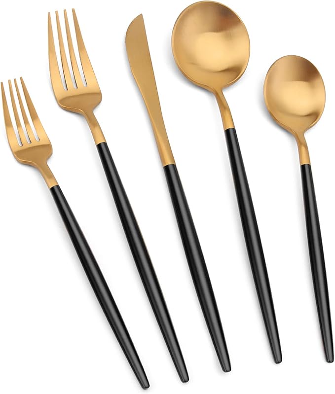Matte Gold Silverware Set with black handle Vanys 30 Piece Stainless Steel Cutlery Flatware Set Kitchen Utensil Sets for 6 Tableware With Knife Spoons And Forks Set Satin Finished Polished