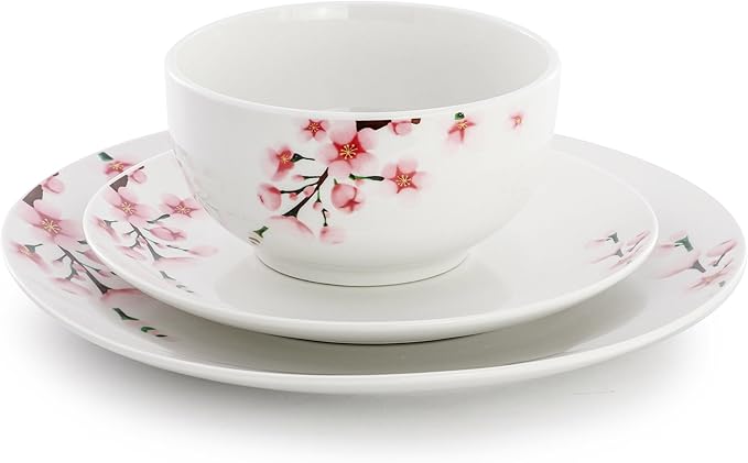 Elama Tamara 12 Piece Cherry Blossom Porcelain Dinnerware Set Service for 4 in White and Pink