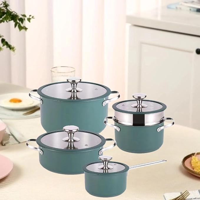 4Pcs Household Cookware Set Cooking Set Seafood Troop Pot Steamer Nonstick Cookware Set Pots and Pans Set for RV Travel Gas dark green