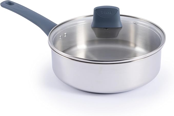 T-fal Essentials Stainless Steel Saute Pan with Lid 3.5 Quart Induction Compatible Oven Safe 350F Perfect For Sautéing Browning &amp Simmering Saucepan Measuring Marks Dishwasher Safe Silver/