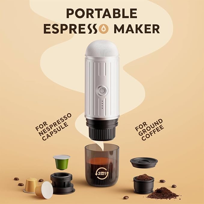 Portable Electric Espresso Machine Self-heating with USB-C 12V 7800mAh Long battery life Travel Coffee Maker for Camping Hiking Office Car Compatible with NS Capsules &amp Ground Coffee