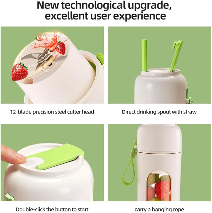 Portable Fruit Juicer Cup with 12-Blade Steel Cutter 340ml Smoothie Maker Rechargeable Personal Blender with Detachable Straw White