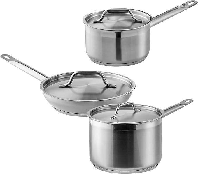 Stainless Steel Cookware Set With 2 Qt. and 4.5 Qt. Sauce Pans 9.5 Non-Stick Frying Pan and Covers Pots And Pans Set Stainless Steel Induction Ready (6 Piece)