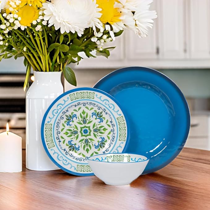 Melamine Dinnerware Sets 12 Pcs Melamine Plates Party Plates and Bowls Sets Camping Dishes Set for 4 Unbreakable BPA-Free Dishwasher Safe （Green flowers）