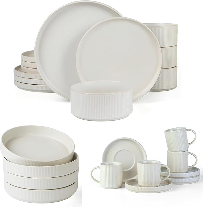 Famiware Star Dinnerware Set and Pasta Bowls with Coffee Mugs Set Service for 4 (20 Pieces) - Stoneware Dinnerware Dishes Matte White