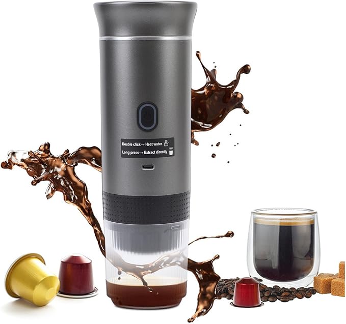 AUNMAS Automatic Portable Coffee Maker Electric Machine Mini Travel Coffee Maker with USB C Charging 20 Bar Pressure for Camping RV Office Travel (gray)